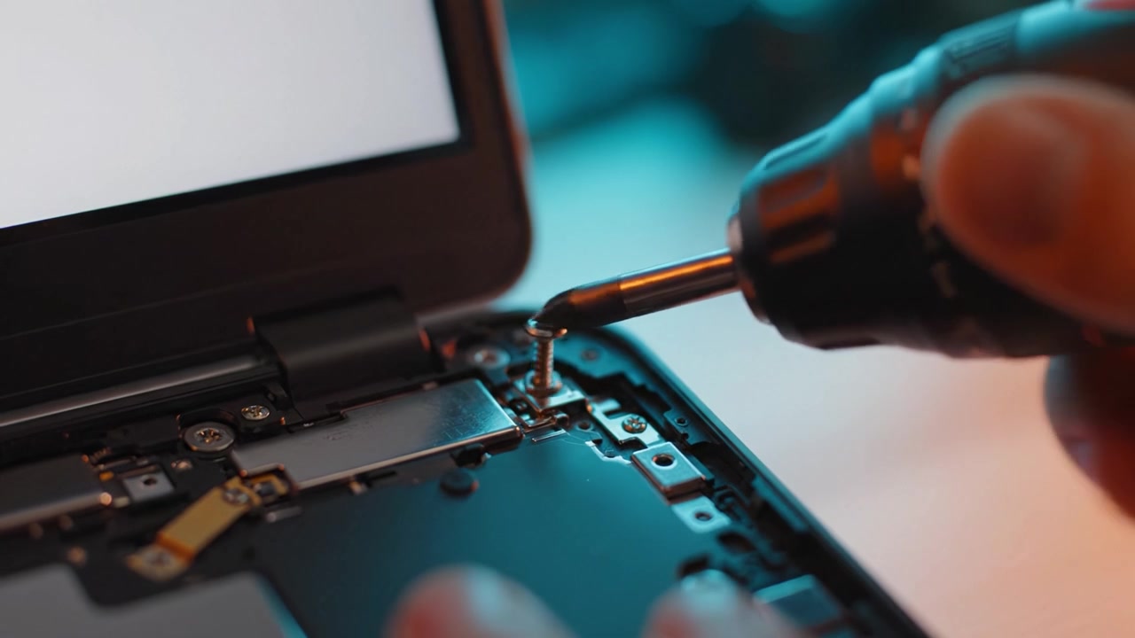 Close-up View of a Laptop Repair: Unscrewing Components for Maintenance and Upgrade in a Well-Lit Work Environment with Tools Close By