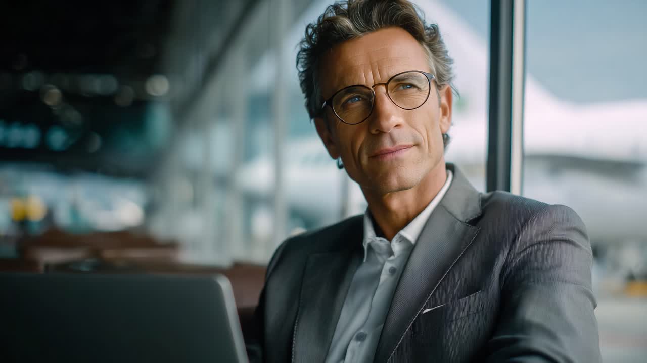 Um profissional de negócios contemplativo reflete enquanto está sentado em um lounge de aeroporto, usando um laptop e olhando pensativamente pela janela para a movimentada cena da aviação