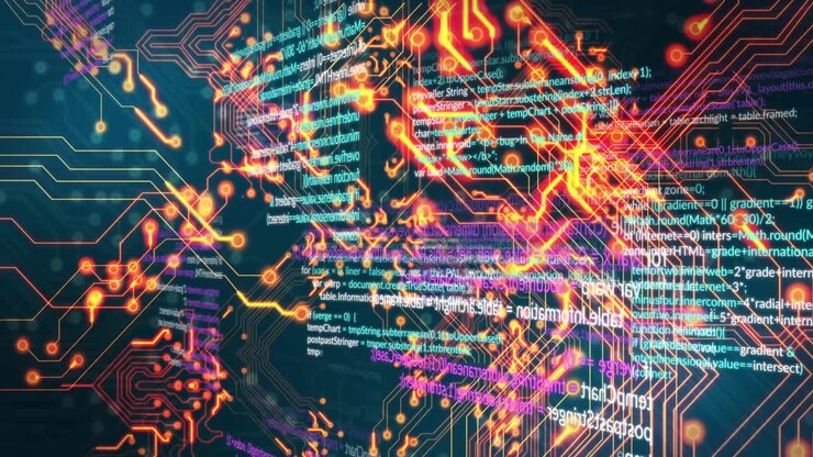 Animation of data processing over black background