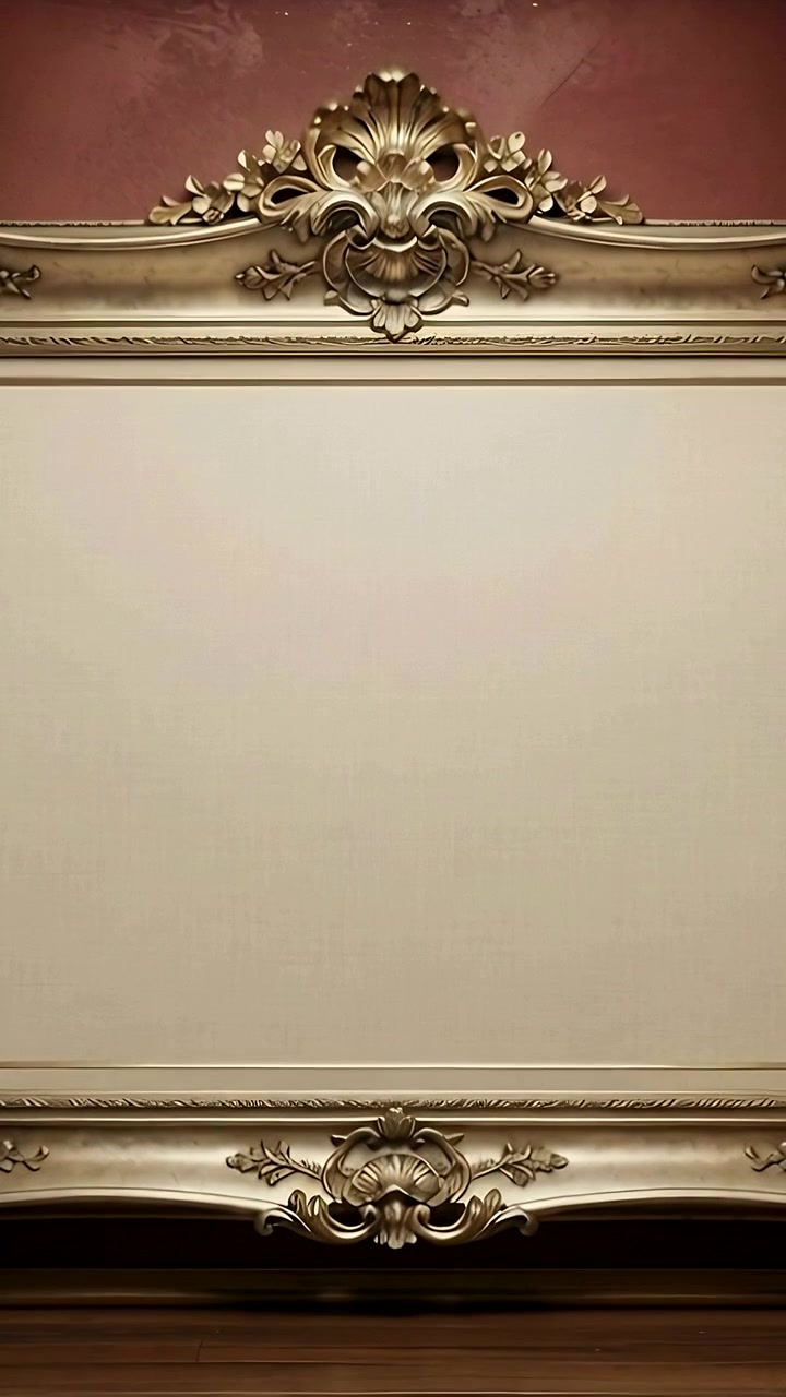 Vertical video: Recording camera capturing gold frame with panel on maroon wall showcasing detail