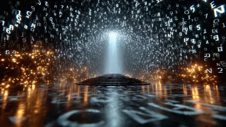 A Mystical Sanctuary of Light and Code: The Transformation Journey Through Cascading Symbols in a Darkened Expanse