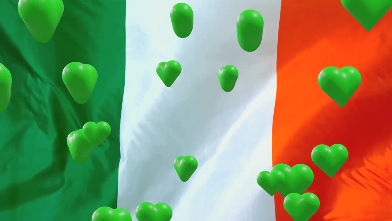 Animation of st patrick's day green hearts on irish flag background