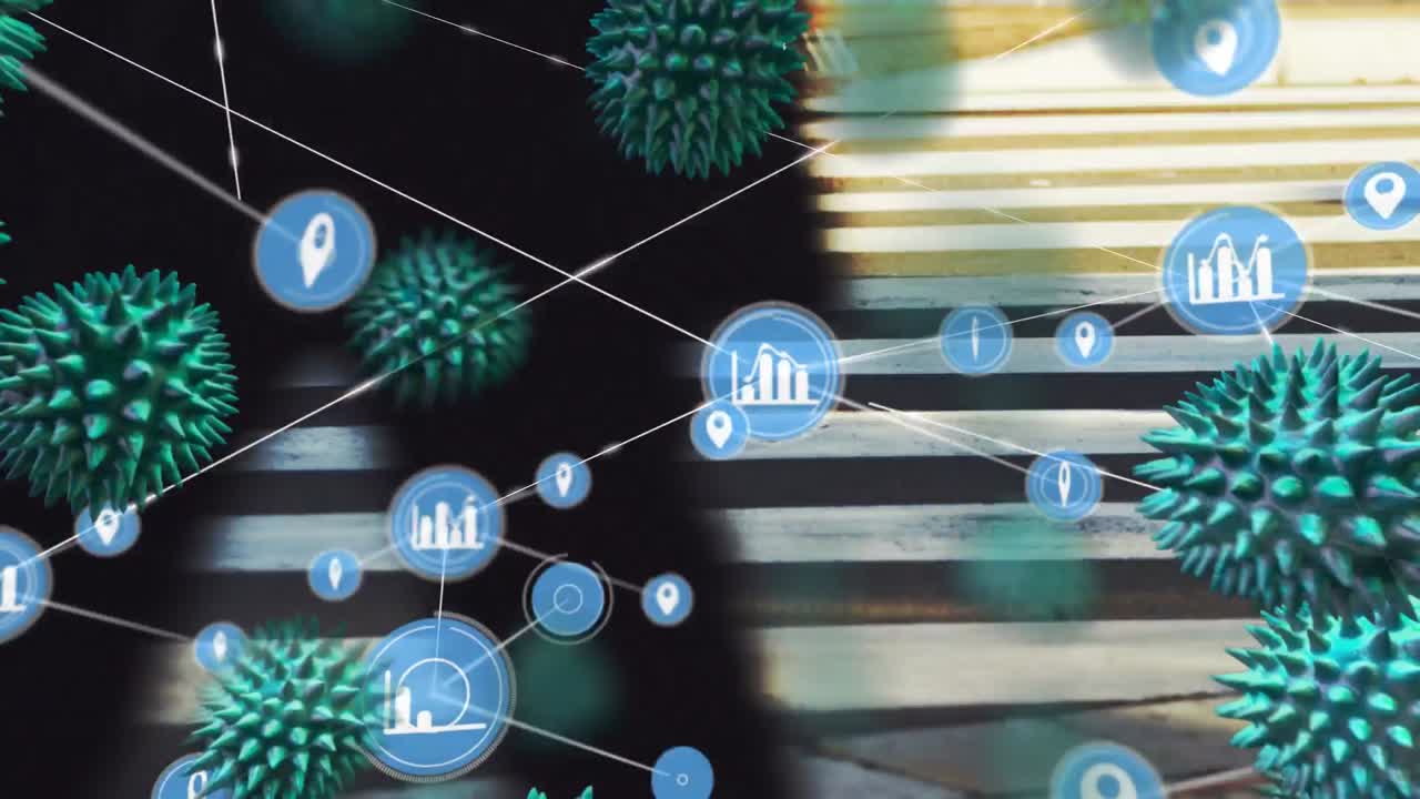 지도의 연결을 통해 확산되는 거대 코로나바이러스 코로나19 세포의 애니메이션