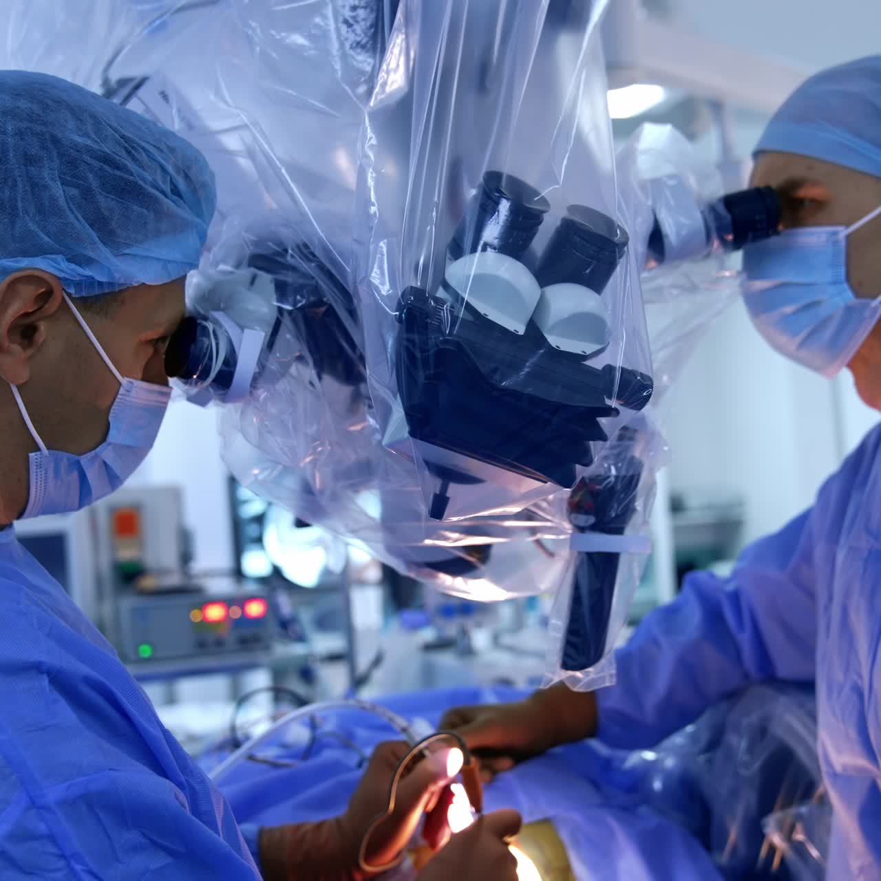 Neurosurgeons stand on two sides of a advanced microscope looking into binoculars. Professional using modern medical device in work