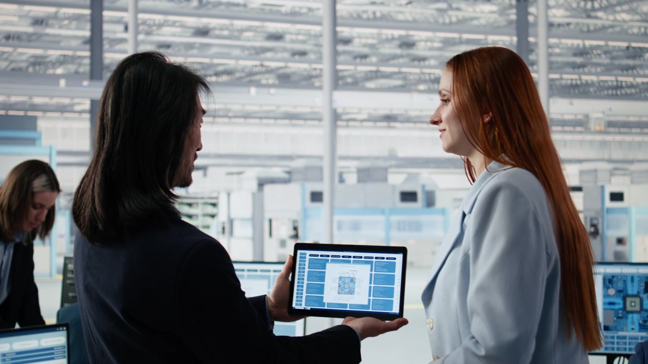 Business Colleagues Discussing Technology on Tablet in Modern Office