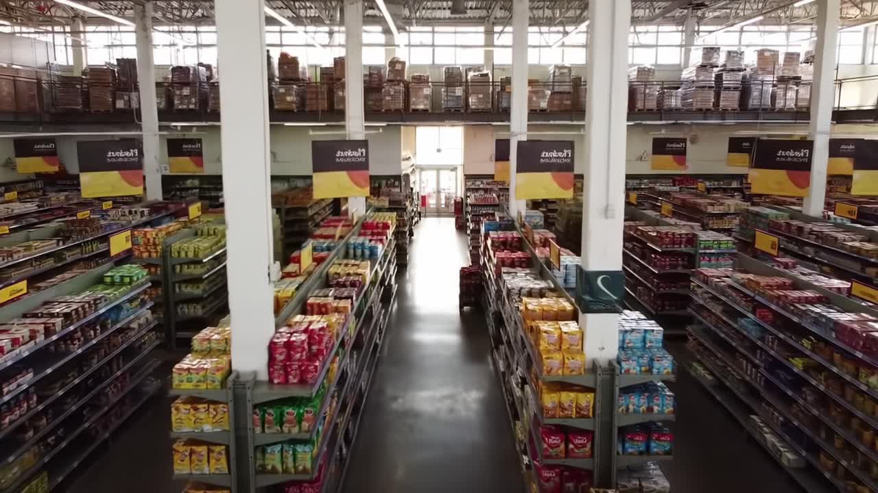 Perakende Alışveriş Deneyiminin Özünü Yakalayan, Renkli Ürünler ve Tabelalarla Dolu Düzenli Rafları Vurgulayan Bir Market Reyonunun Havadan Görünümü