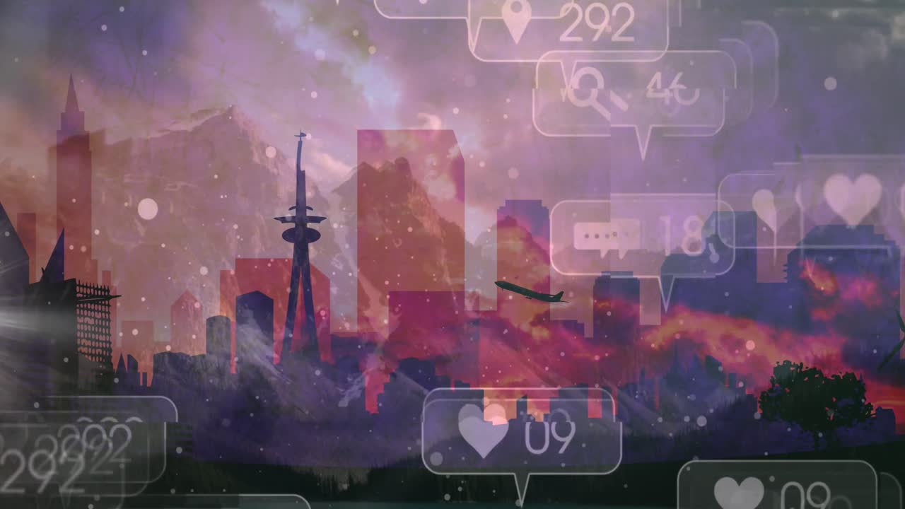 도시 풍경 위에 떨어지는 소셜 미디어 아이콘의 애니메이션