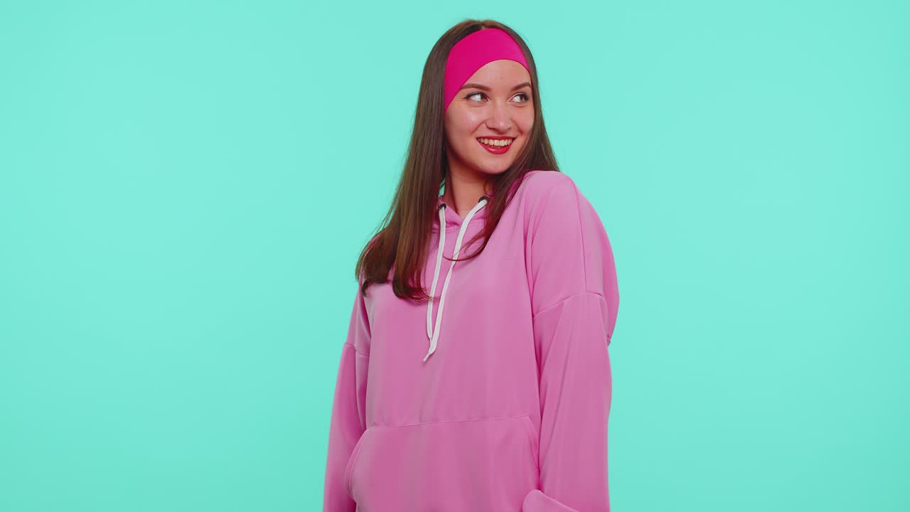 Teen stylish girl showing inviting gesture with hands ask to join beckoning to coming welcome