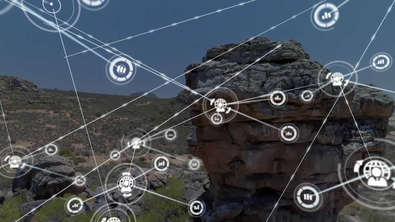 Butte impilata che ancora l'HUD della mappa mentre l'icona centrale genera nodi e linee che si diffondono per la mappatura.