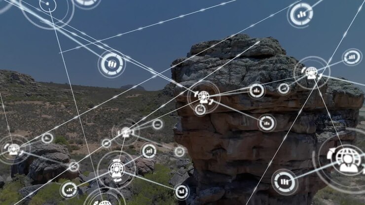 Stacked butte anchoring map HUD while center icon spawning nodes and lines spreading for mapping