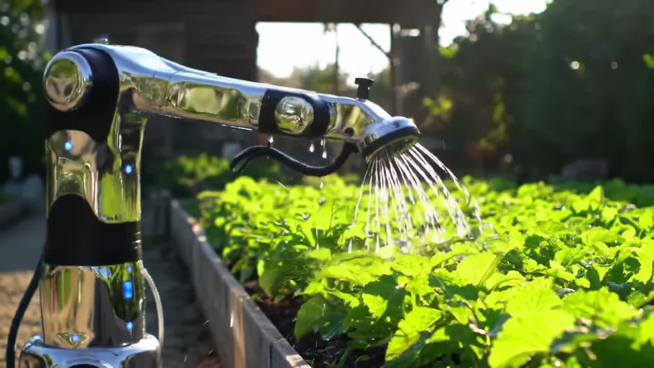 Automated Irrigation System in Action: A Cutting-Edge Robot Watering Lush Green Plants in a Well-Cultivated Garden Area, Ensuring Optimal Growth and Health