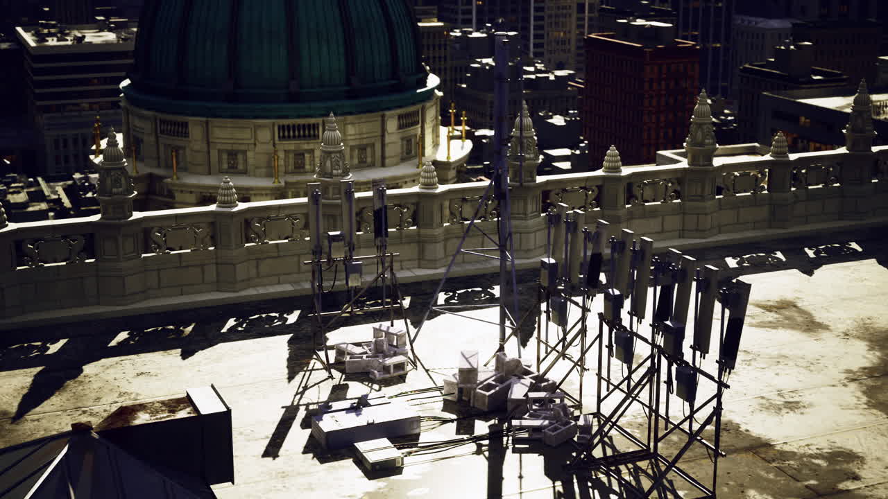 Communication equipment on rooftop with city skyline in daylight