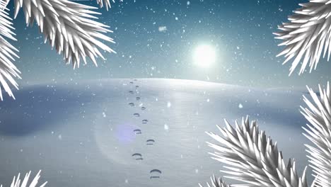 Animation-of-winter-scenery-with-snow-falling-and-fir-trees-with-moving-sun-shining-in-the-backgroun