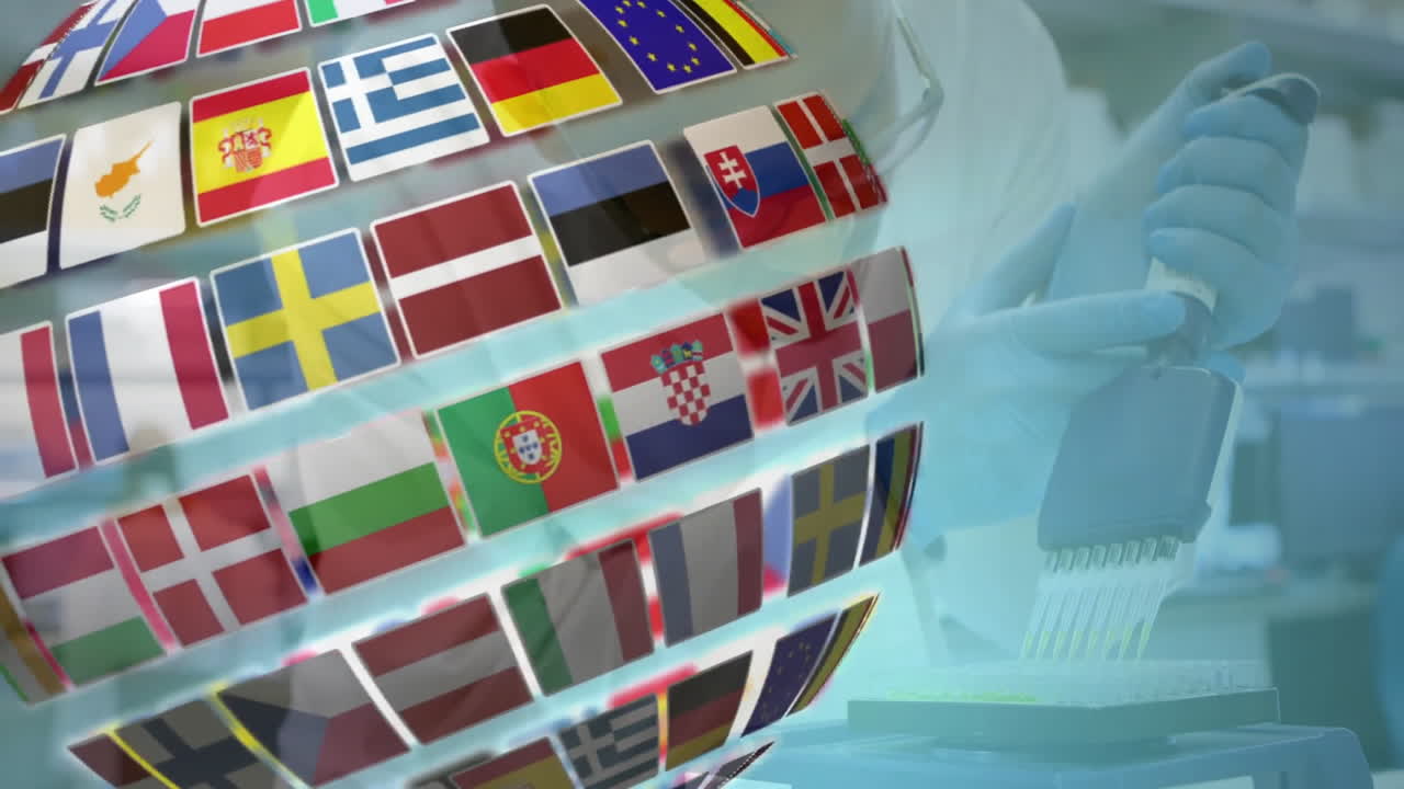 In school, animation of flags forming globe over scientist working in laboratory