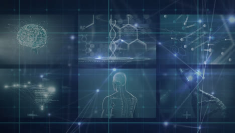 Animation-of-scientific-data-on-screens,-dna-and-connections-over-blue-background