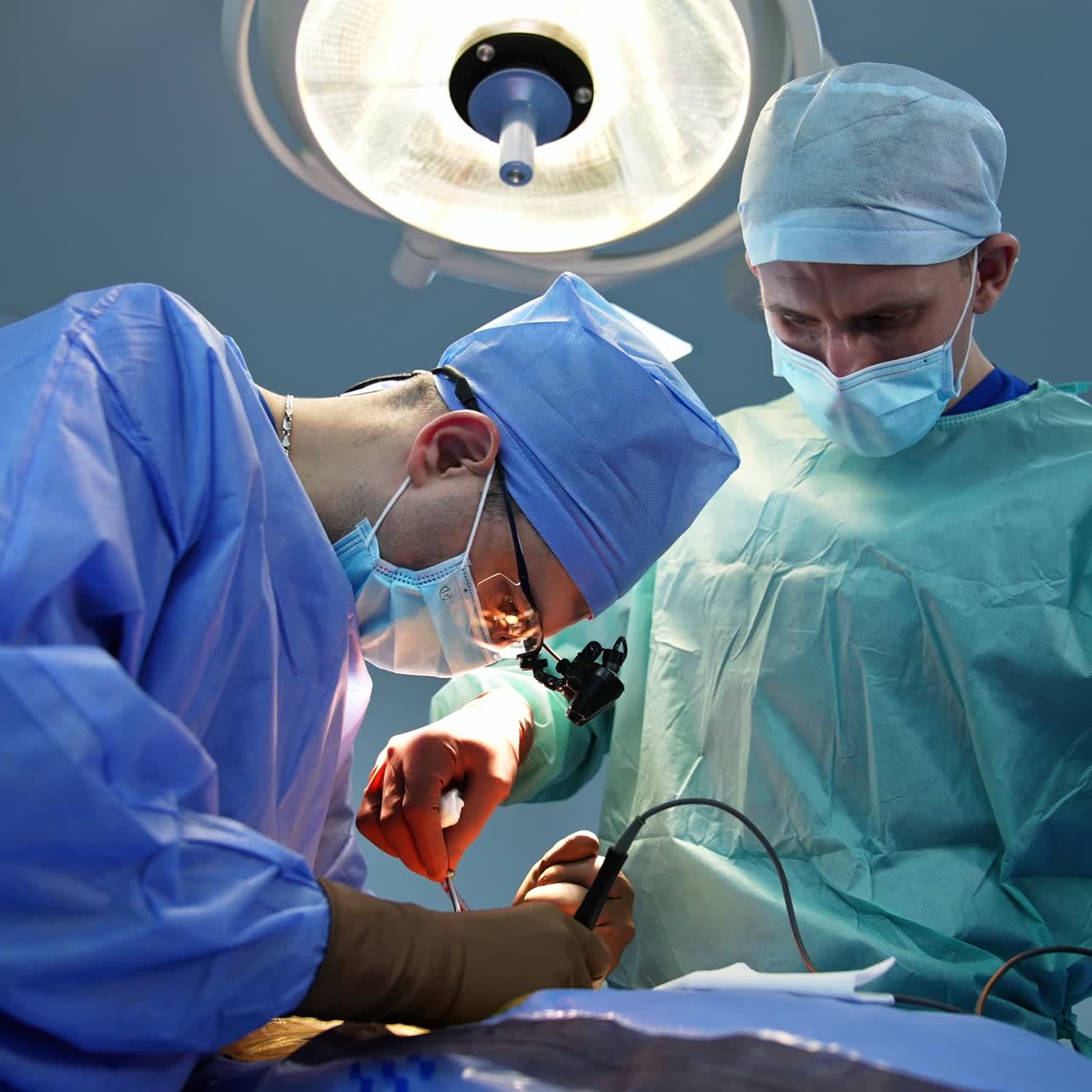 Neurosurgery specialist are busy at operation. Focused surgeon using tools assisted by a male doctor. Low angle view