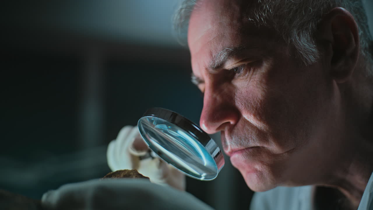 científico examinando un fósil bajo una lupa