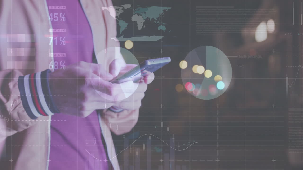 이동 중 스마트폰을 가진 백인 남성에 대한 금융 데이터 처리의 애니메이션