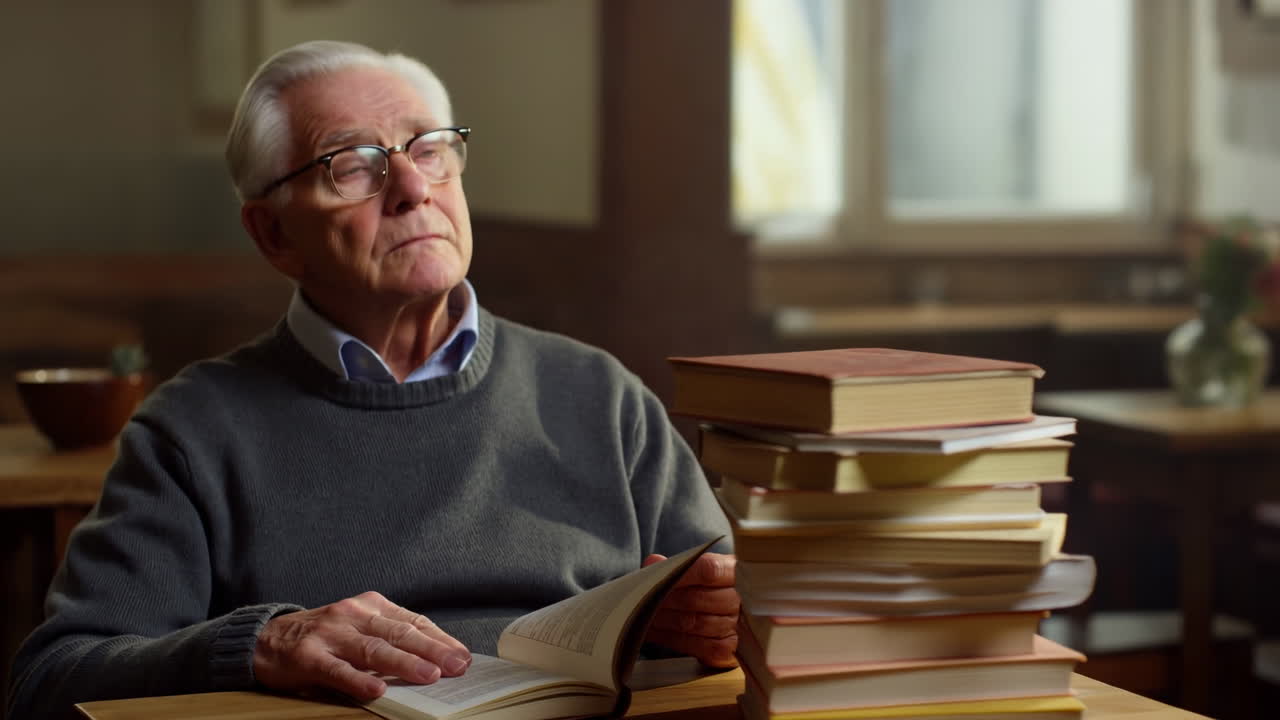 Hombre Caucásico Mayor Leyendo en Biblioteca, Pasando Páginas Junto a Alta Pila de Libros de Tapa Dura, Luz Suave de Ventana