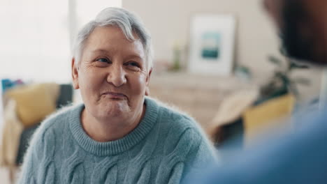 Talking,-smile-and-a-senior-woman-with-a-person