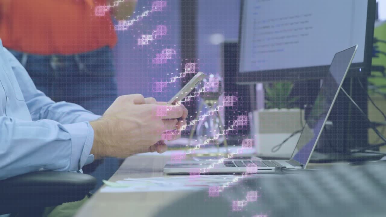 Animation of dna strand spinning over caucasian man using smartphone