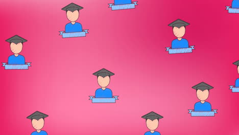 animación de un niño con iconos de sombrero de graduación en un patrón sin costuras contra un fondo de gradiente rosa.