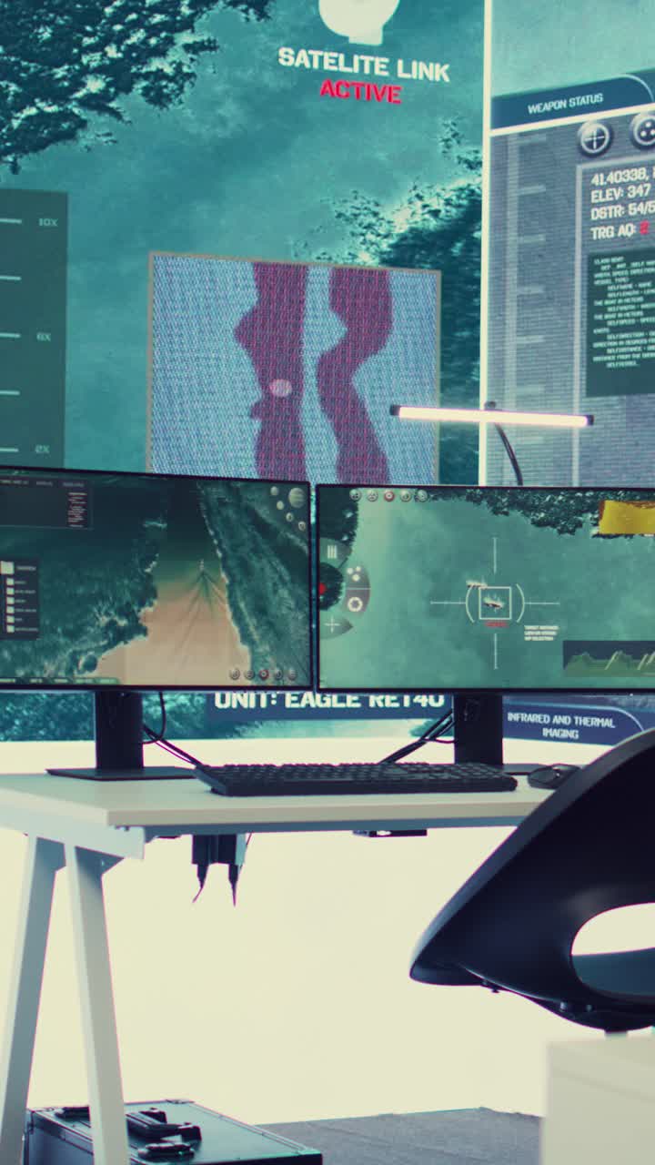 Sala di controllo high-tech con diversi monitor di sorveglianza e dati satellitari