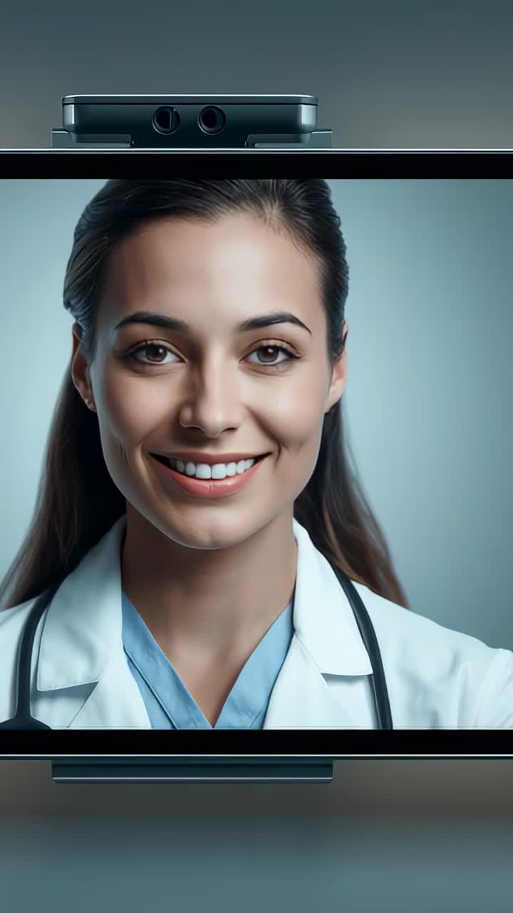 Vídeo vertical: câmera do celular mostrando médico de jaleco, scrubs e estetoscópio, com olhar focado que se desloca