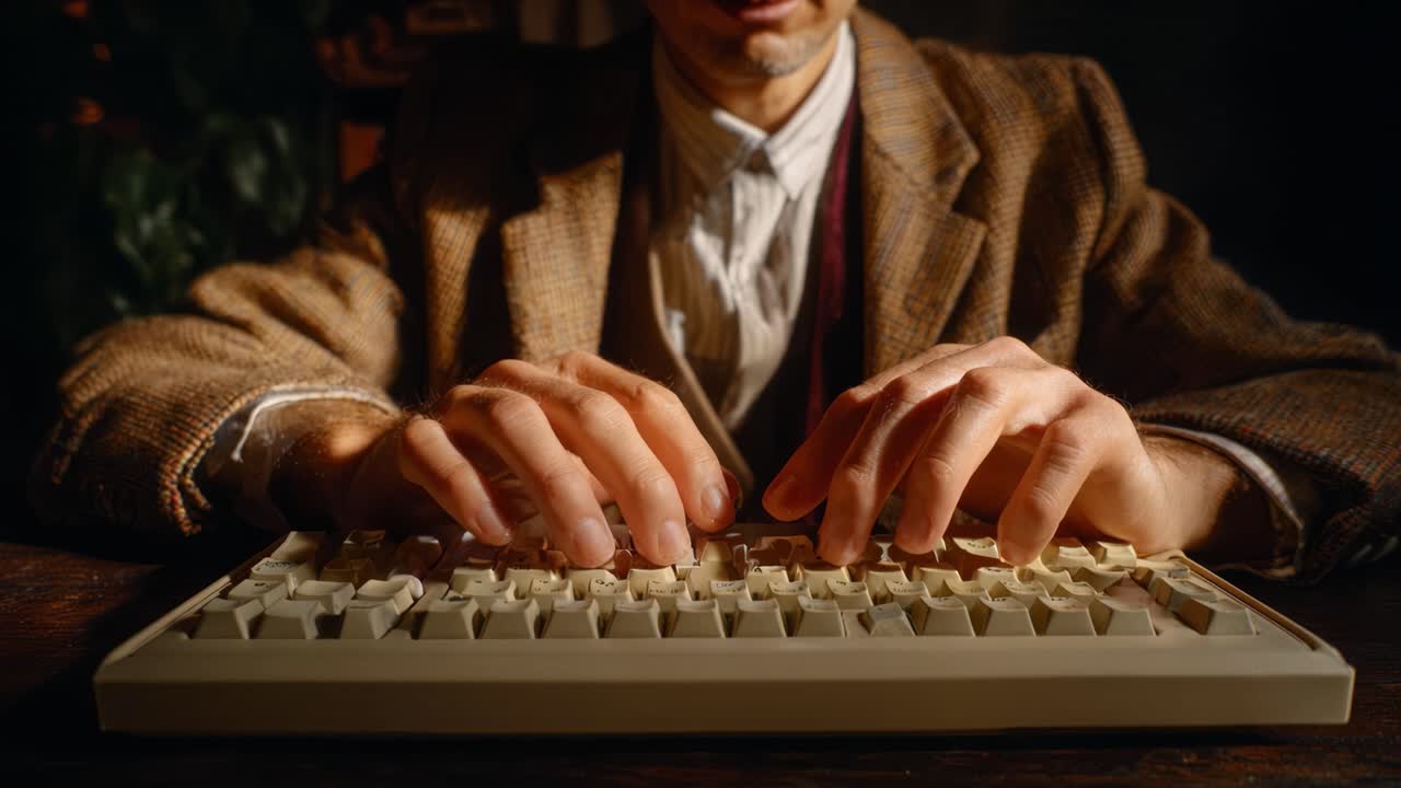 En kreativ forfatter i et vintage jakkesæt taster entusiastisk på et gammelt mekanisk tastatur, der fanger essensen af klassisk skrivning i moderne omgivelser.