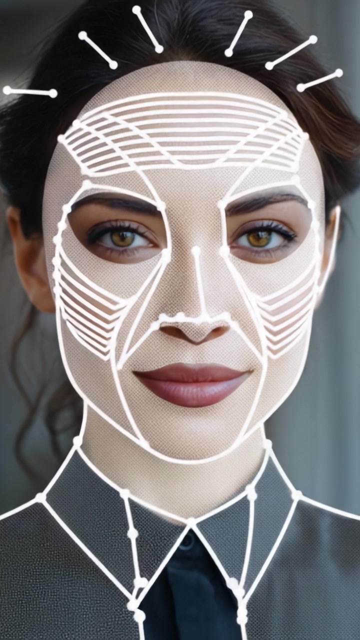 Innovativ ansigtskortlægningsteknologi, der viser genkendelse af menneskelige udtryk gennem visuelle mønstre på en kvindelig models ansigt, fremhæver moderne design