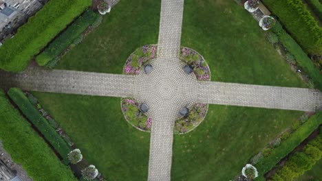 aerial shot of castle fountain