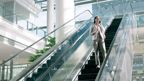 Phone-call,-escalator-and-business-woman