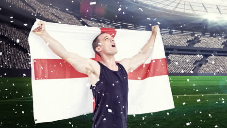 animation of confetti floating over caucasian man holding english flag at stadium