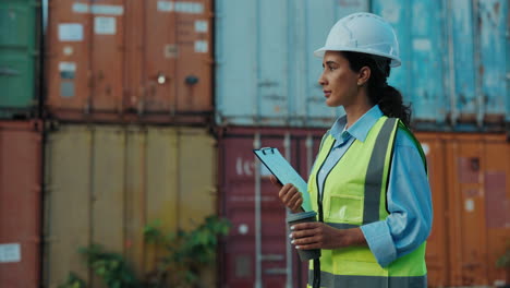 female engineer at port with clipboard and coffee
