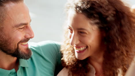 love, smile and kiss, a couple on sofa happy