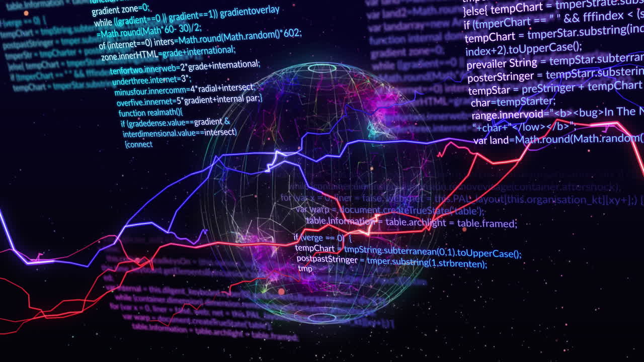 Animation of data processing and globe on black background