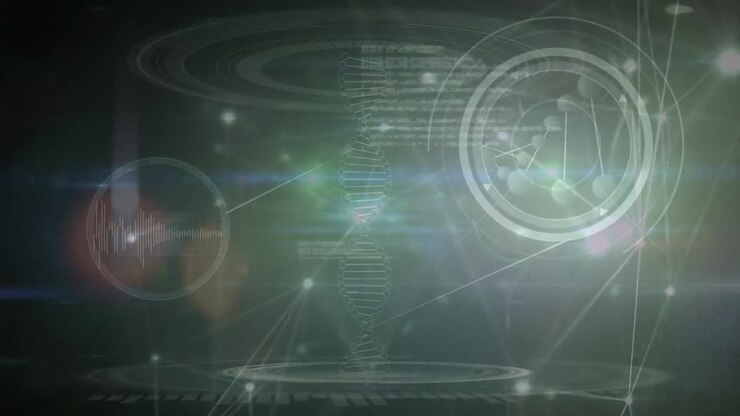 Animation of dna strand spinning over scientific data processing on blue background