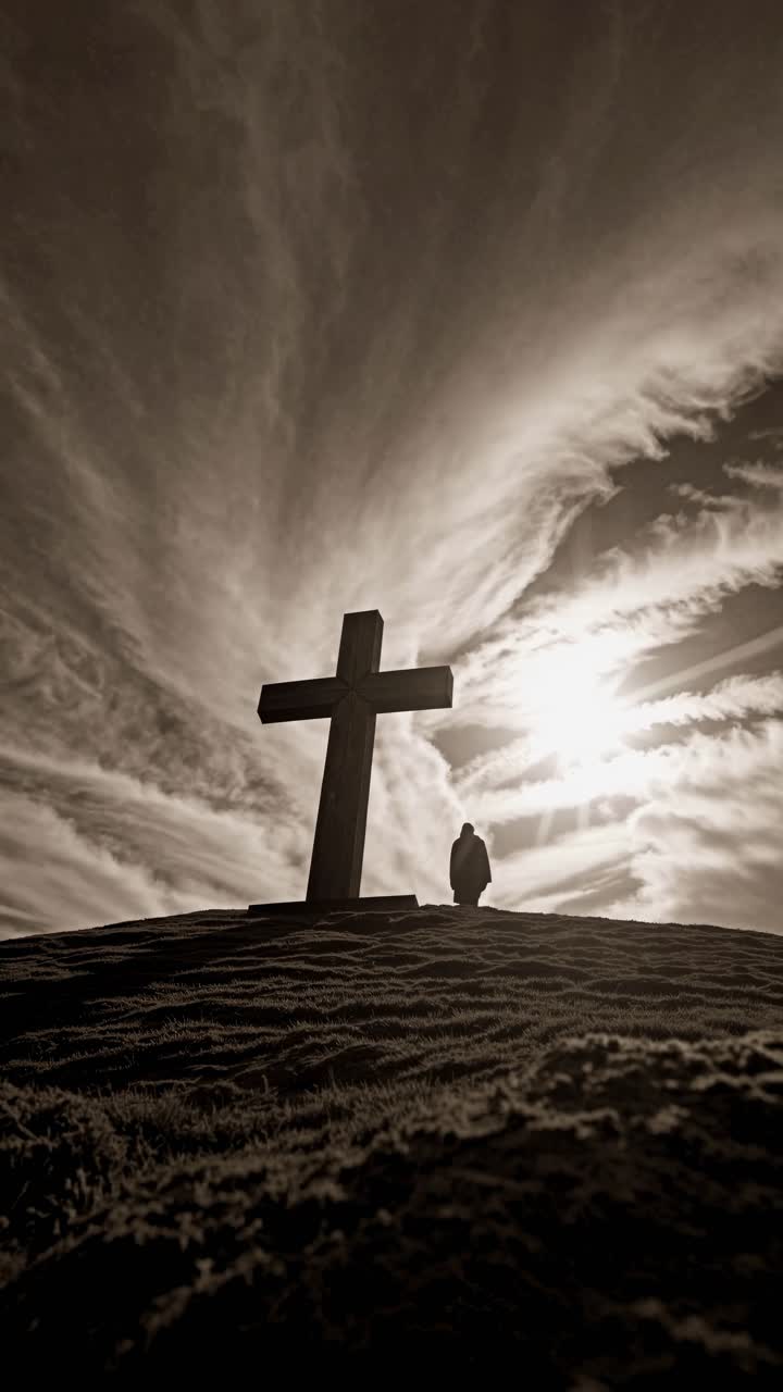 Dramatic low-angle shot of a cross on a hill with a lone figure, silhouetted against a dynamic sky