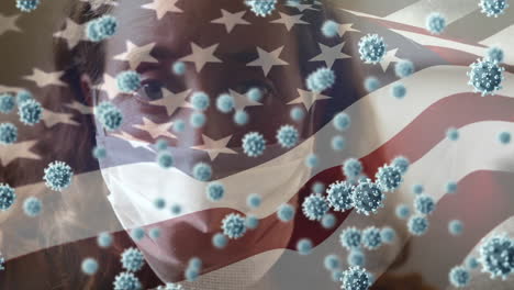 covid-19 cells and woman wearing face mask against us flag waving