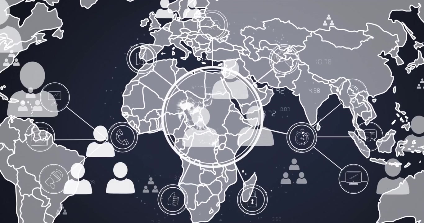 Animation of network of digital icons and multiple profile icons floating against world map