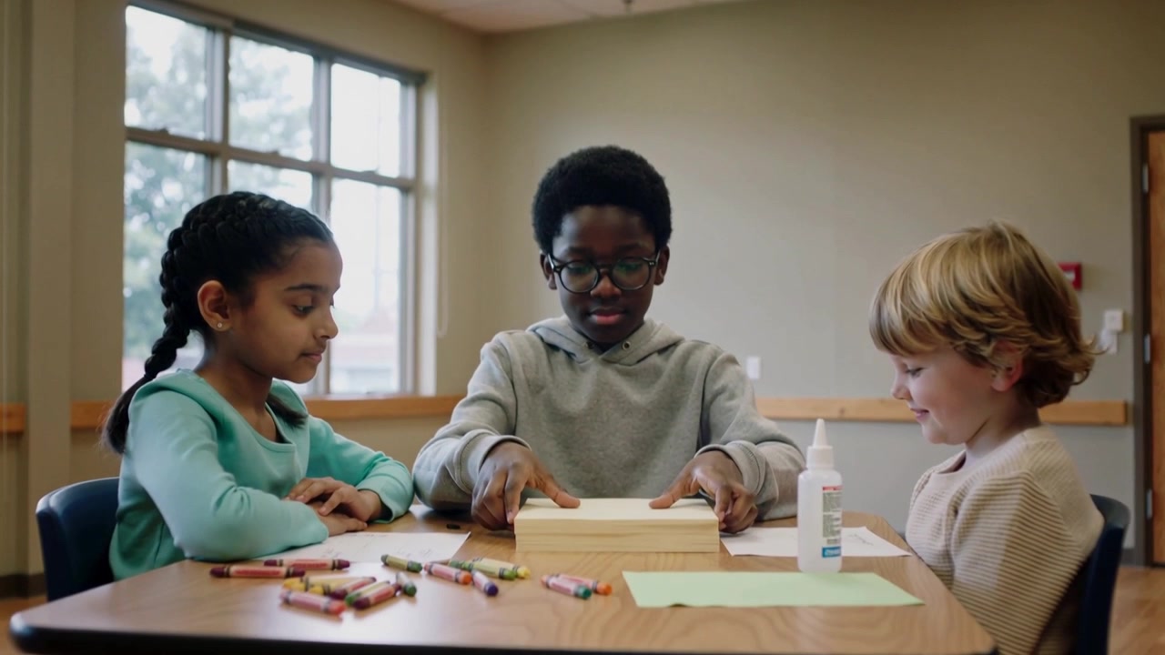Placing center kid gray-hoodie pressing paper stack on school desk, making craft with crayons, glue