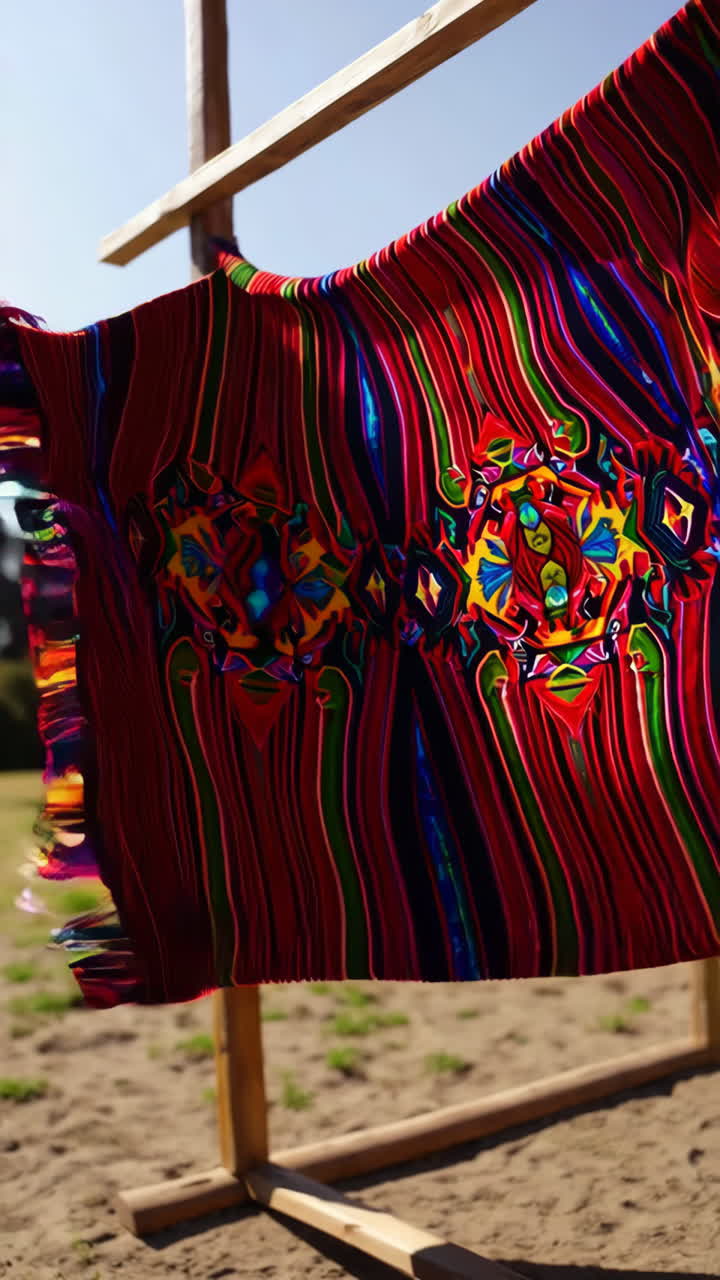 Colorful Handwoven Textile Hanging on Wooden Rack