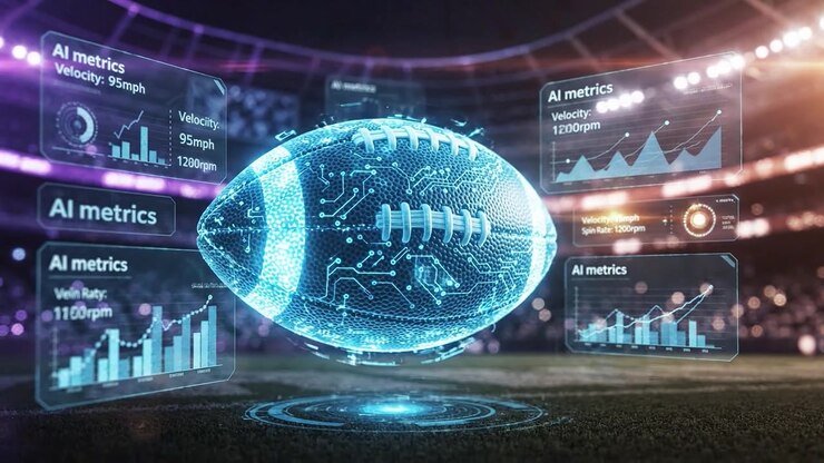 A Cutting-Edge Football with Real-Time AI Metrics Showcasing Velocity and Performance Analysis in a Futuristic Stadium Setting