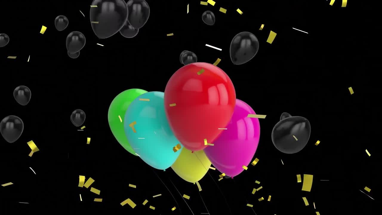 animación de globos coloridos, con globos negros flotantes y confeti cayendo sobre el negro