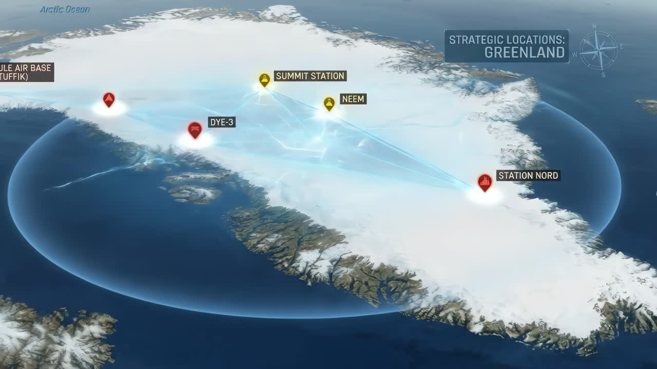 Animowana mapa Grenlandii ze strategicznymi lokalizacjami wojskowymi i badawczymi