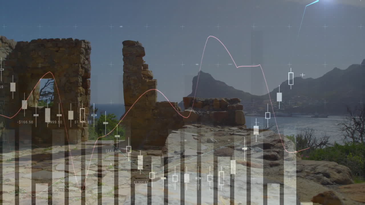바다에 있는 고대 유적 위에 있는 애니메이션 금융 데이터 차트