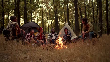 los participantes alegres y felices de una caminata en grupo en camisas a cuadros se sientan cerca de un fuego y disfrutan de su compañía durante una caminada en un bosque de otoño amarillo