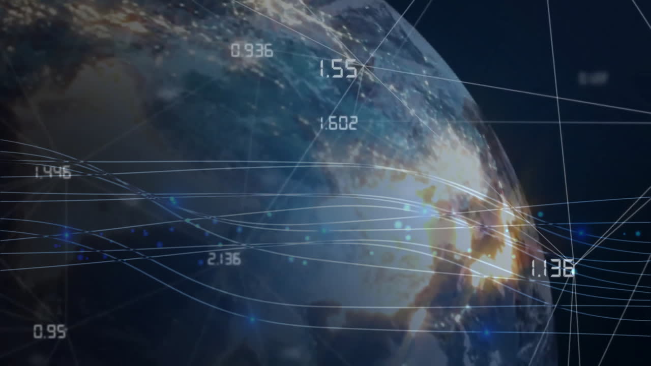 Global data transmission animation over Earth with numerical data and lines