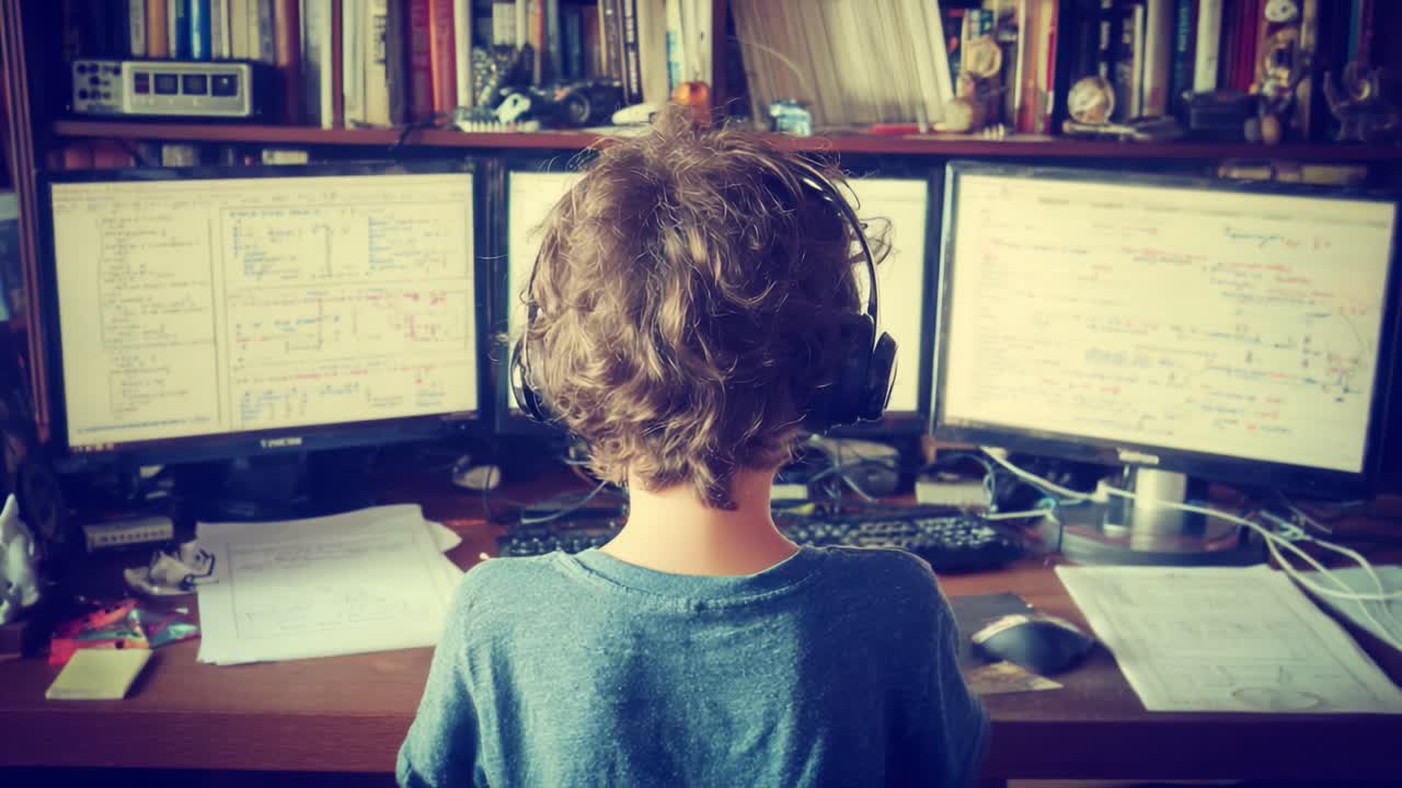 A Young Scholar Immersed in Learning: The Focused Journey of a Child Engaged with Dual Monitors and Study Materials in a Home Office Setting