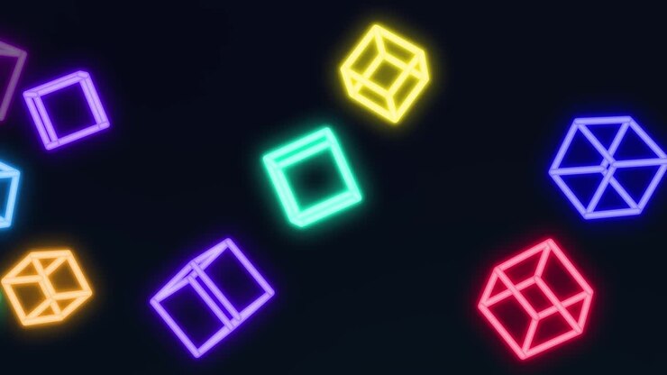 Neon square geometric moving cubes 3d animation. Concept background. Seamless Loop.